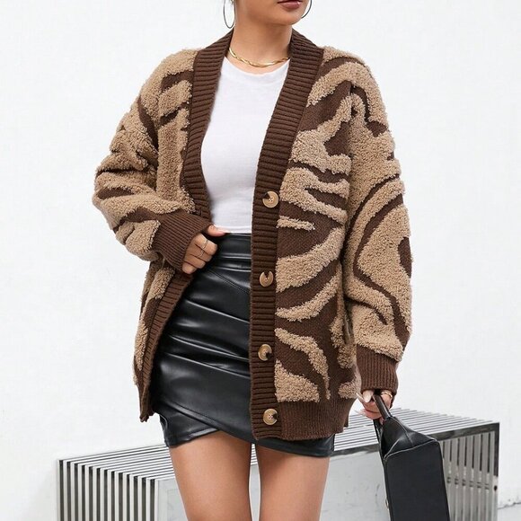 Brown Casual Women's Graphic zebra animal Print Drop Shoulder sweater Cardigan - Picture 6 of 6